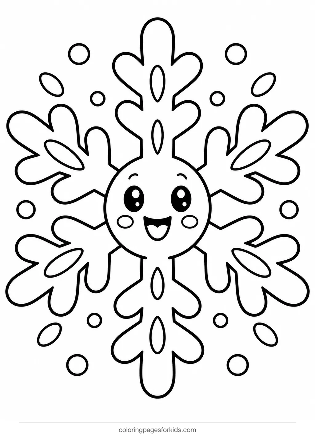 Winter coloring page of a big simple snowflake, easy black-and-white printable for ages 3-5