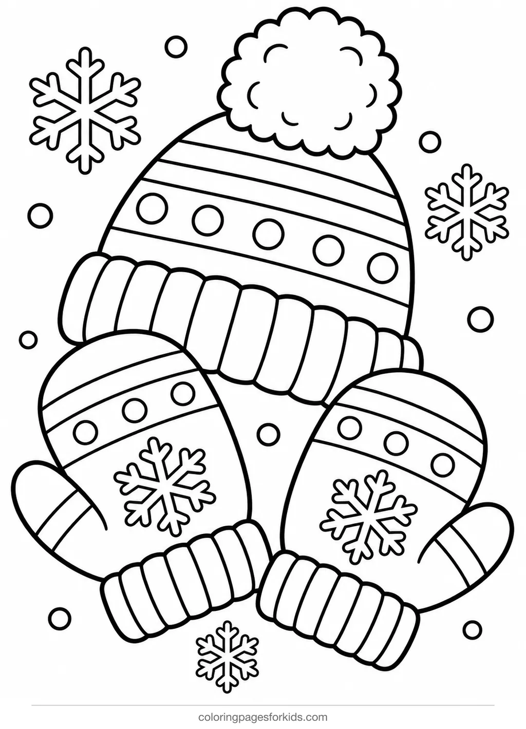Winter coloring page of mittens and a bobble hat, easy printable for ages 3-5