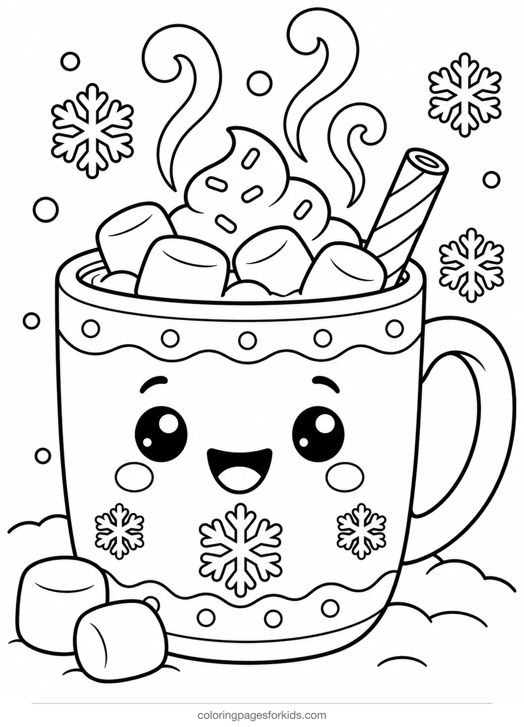 Winter coloring page of a smiling hot cocoa mug, easy printable for ages 3-5