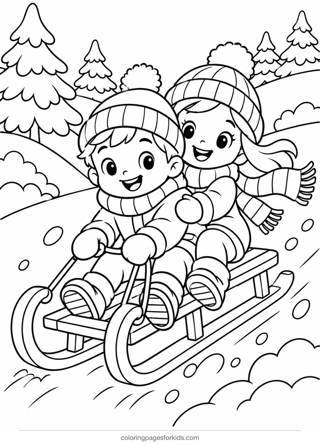 Winter coloring page of two cartoon children sledding on a snowy hill, medium printable for ages 5-7