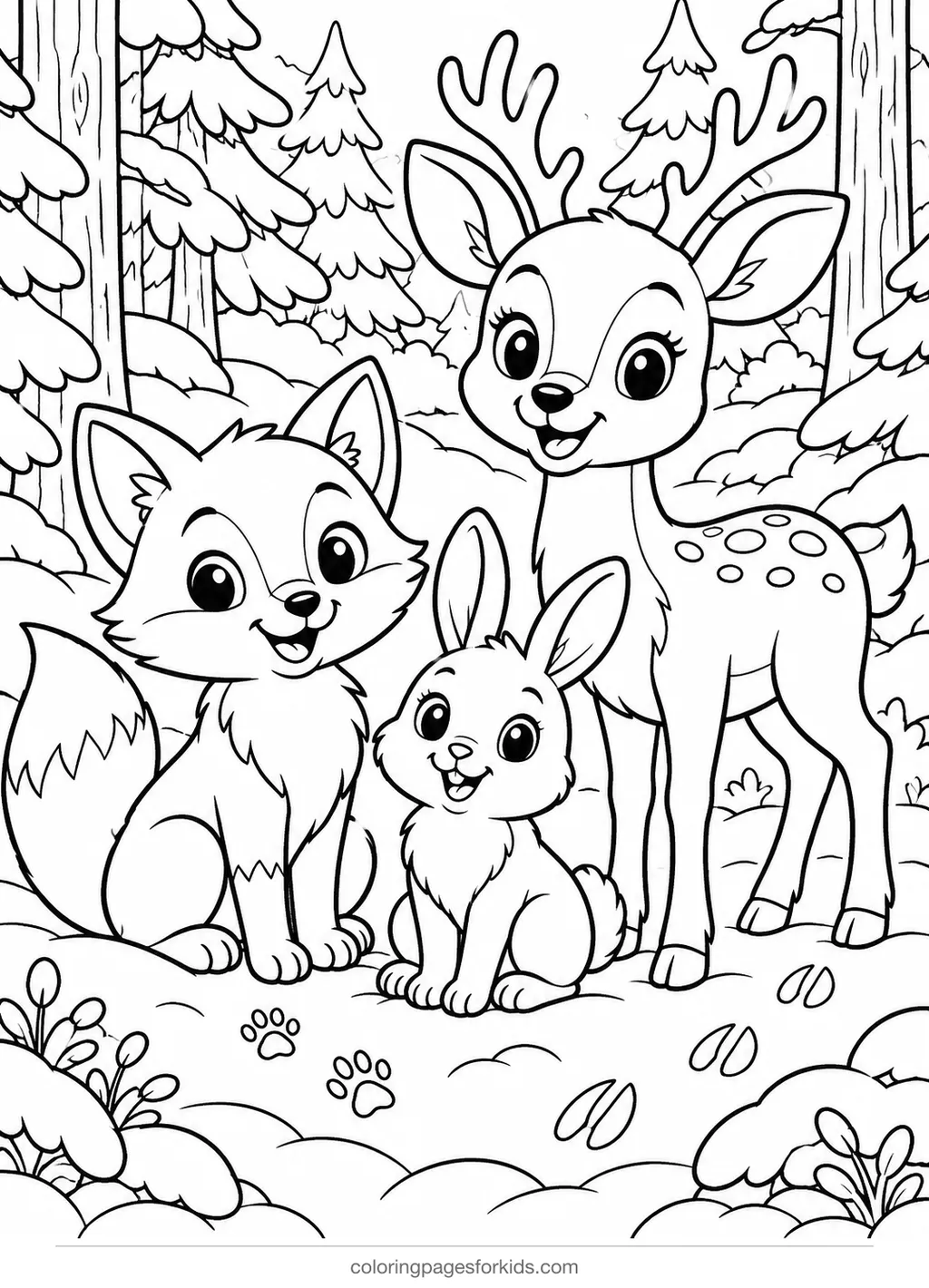 Winter coloring page of a fox rabbit and deer in snow, medium printable for ages 5-7