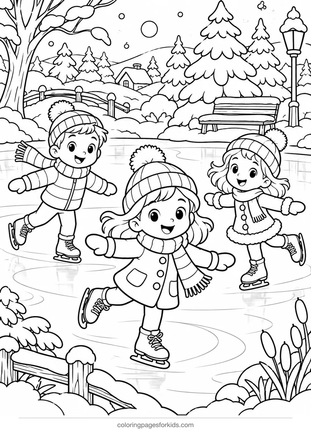 Winter coloring page of cartoon skaters on a frozen pond, medium printable for ages 5-7