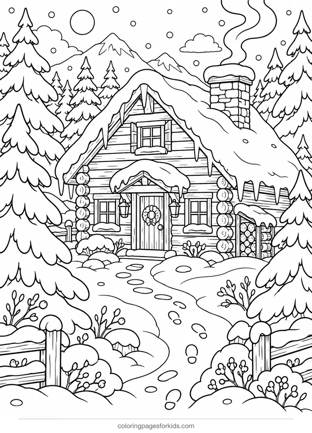 Winter coloring page of a snowy cabin in the woods, detailed printable for ages 7-10