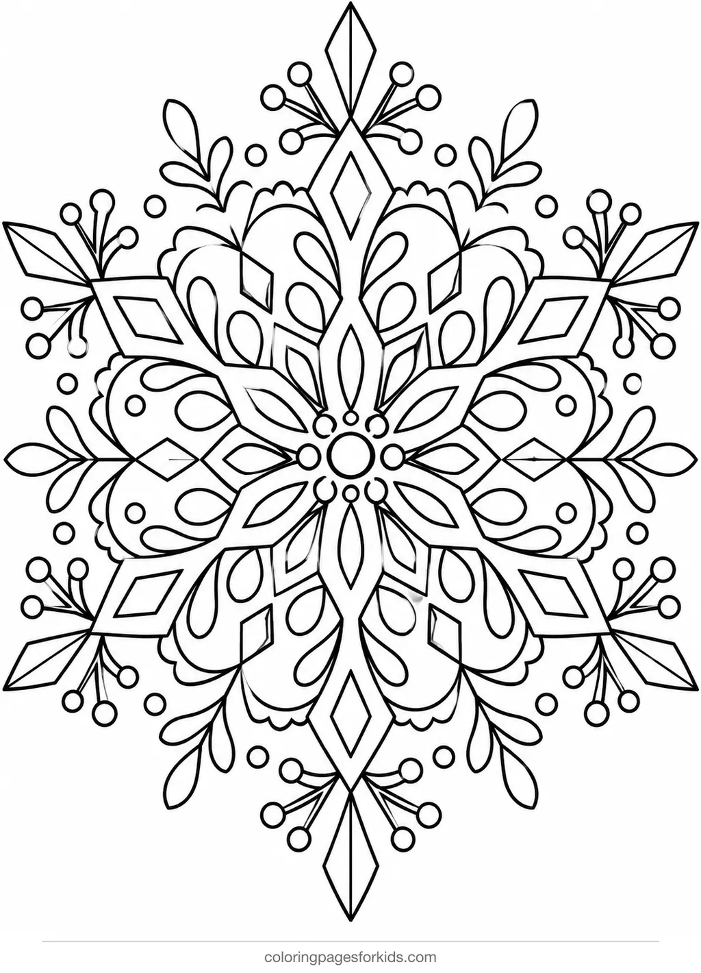 Winter coloring page of a snowflake mandala, detailed printable for ages 7-10
