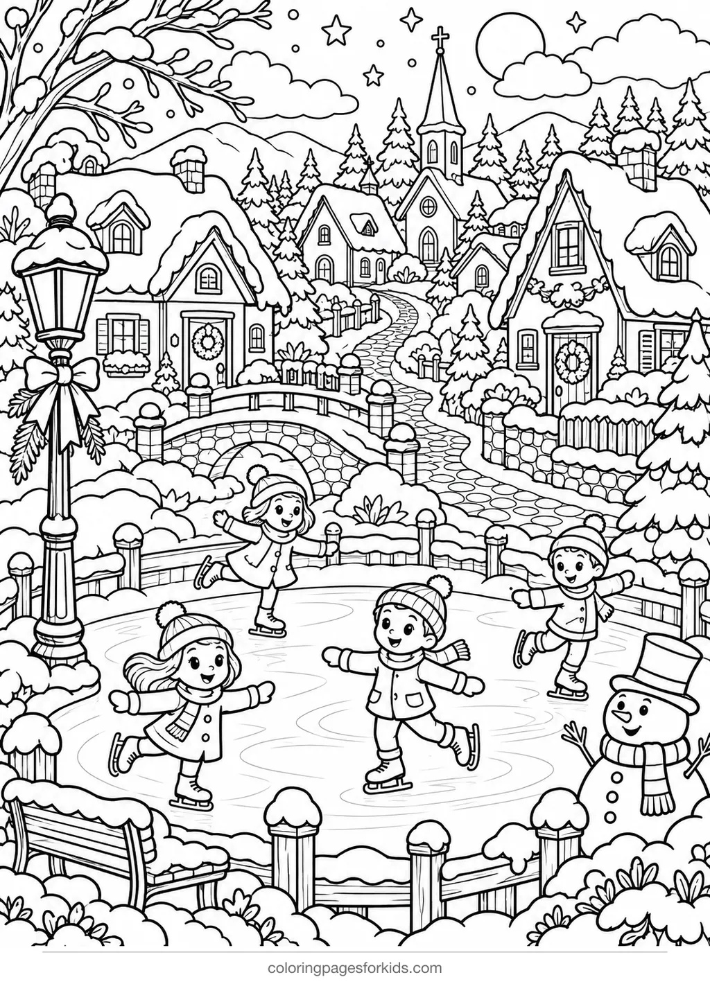 Winter coloring page of a snowy village with skaters and houses, detailed printable for ages 7-10