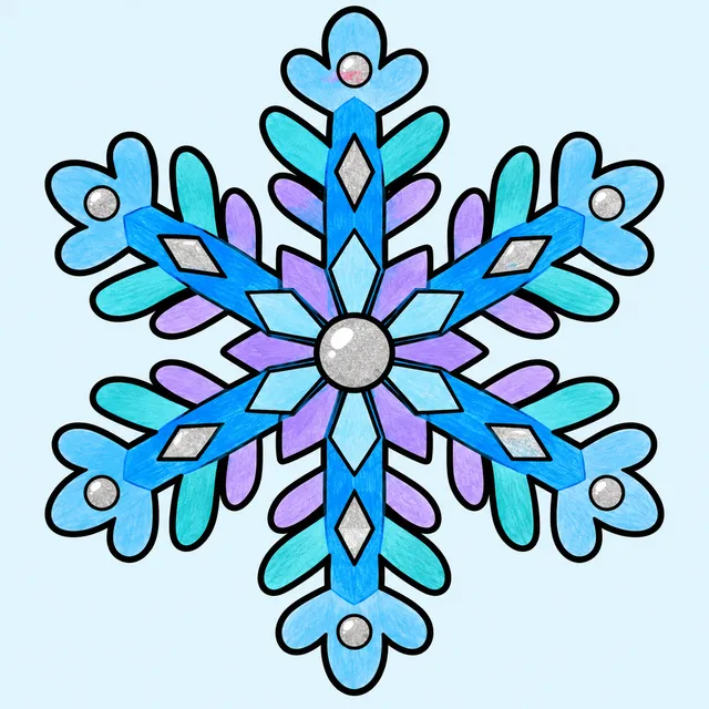 Colored example of a big simple winter snowflake for kids