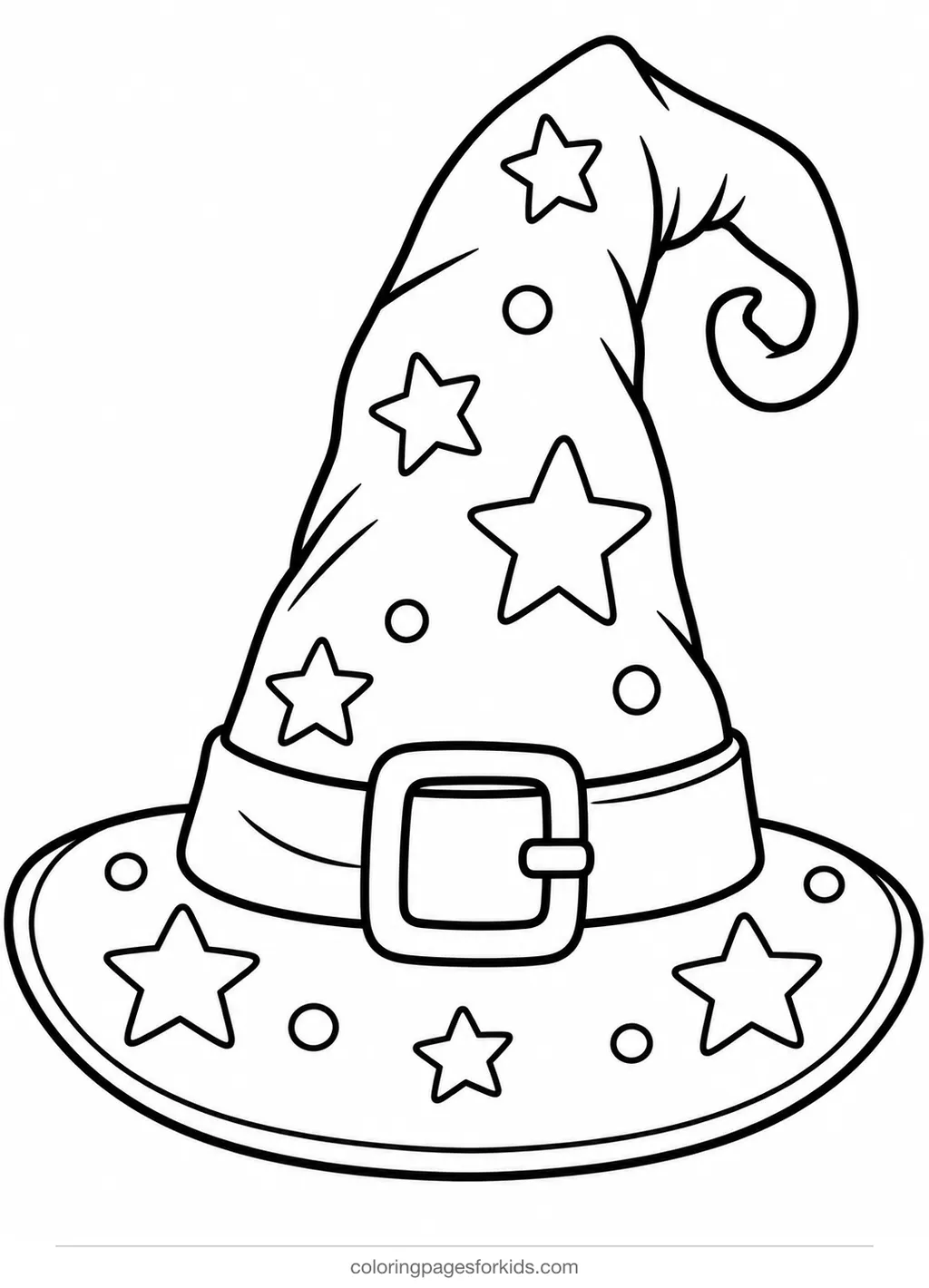 Witch coloring page of a large pointed hat template, easy printable for preschoolers
