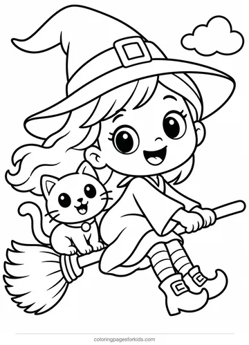 Witch coloring page of a little witch riding a broom with a cat, easy printable for preschoolers