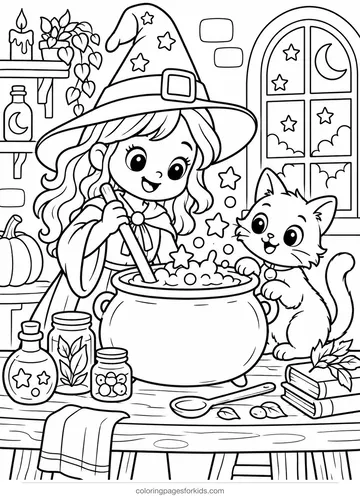 Witch coloring page of a witch and cat mixing potion bubbles, medium printable for ages 5-7