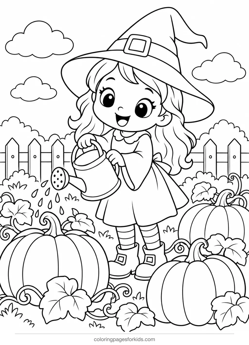 Witch coloring page of a friendly witch watering pumpkins, medium printable for ages 5-7
