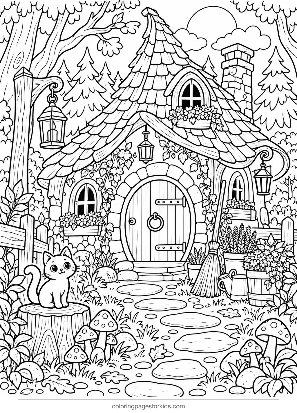 Witch coloring page of a cozy cottage with garden details, detailed printable for ages 7-10