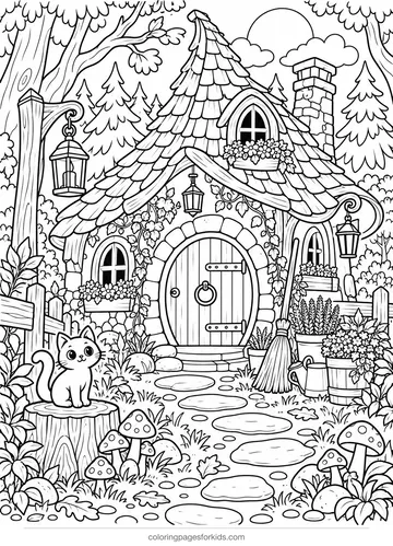 Witch coloring page of a cozy cottage with garden details, detailed printable for ages 7-10