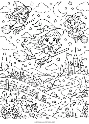 Witch coloring page of broom flying school over hills, detailed printable for ages 7-10