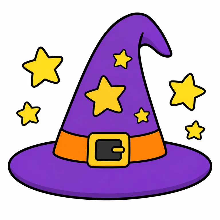 Colored cute witch hat template with stars and bold outlines for kids